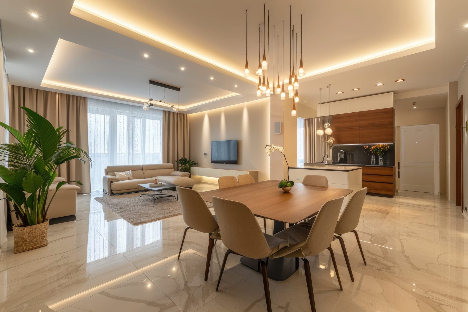 Renovated living space with modern lighting
